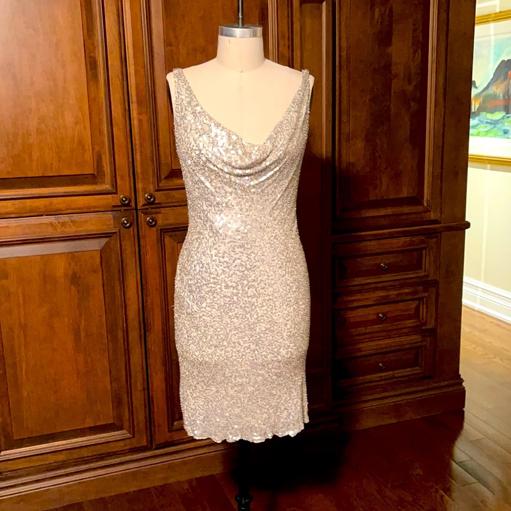 Carmen Marc Valvo Silver sequin cocktail dress